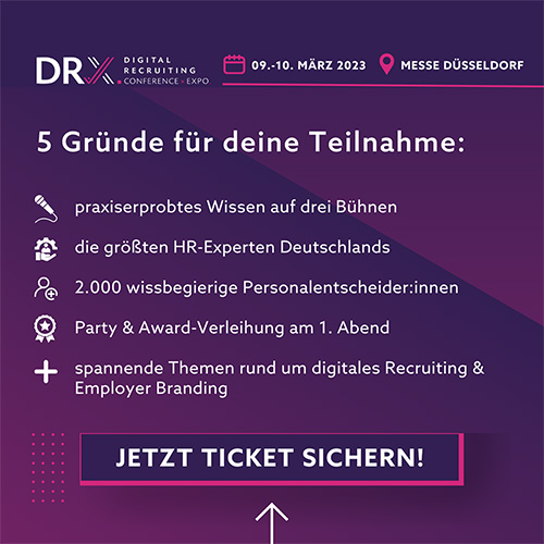 Banner für die DRX - Digital Recruiting Conference und Expo vom 9.-10. März 2023 in Düsseldorf