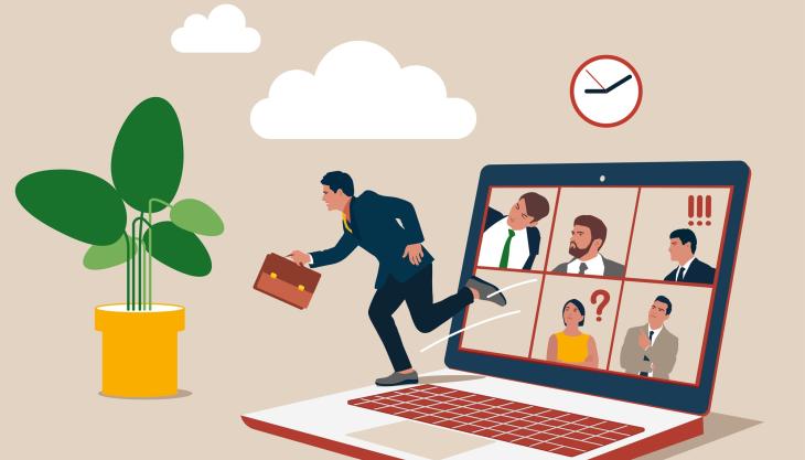 Illustration: Ein Laptop mit Zoom-Kacheln, ein Mensch läuft aus seiner Kachel aus dem Laptop raus in Richtung einer Pflanze
