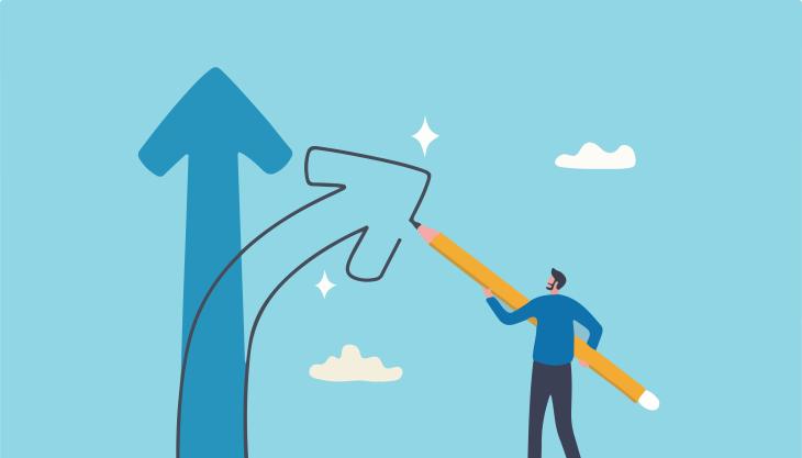 Illustration: Ein Mann im Anzug malt an einen großen blauen Pfeil einen abzweigenden schwarz umrandeten Pfeil.