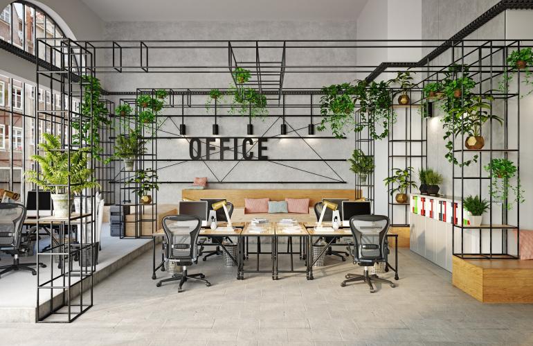 Ein offener, heller Büroraum mit Tischen und Schreibtischen, einer gemütlichen Sitzecke und vielen Pflanzen.