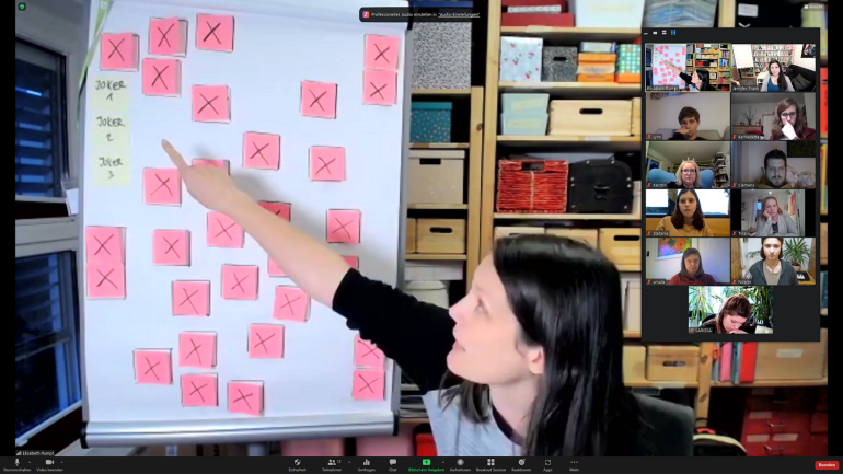 Screenshot eines Bildschirms, auf dem eine Frau zu sehen ist, die hinter sich an einem Flipchart durch die Übung führt.