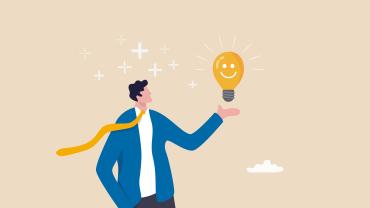 Illustration: Ein Businessmann hält eine Glühbirne mit einem Lachsmiley in der Hand. Orangener Hintergrund.