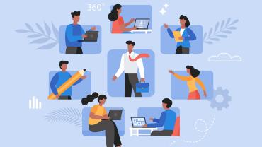 Illustration zum 360-Grad-Feedback: Sechs Mitarbeitende sind kreisförmig um die Führungskraft angeordnet und gehen unterschiedlichen Aufgaben nach