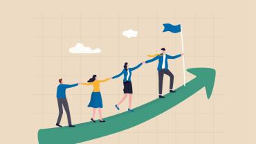 Vier Menschen in Businessdress halten sich an den Händen und steigen einen grünen Pfeil hinauf (Illustration)