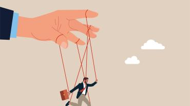 Illustration: Eine Hand schwebt über einem Mann mit Anzug und Aktentasche, dessen Arme und Beine wie bei einer Marionette mit der Hand darüber verbunden sind