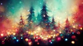 Magischer Weihnachtswald mit bunten Lichtern.