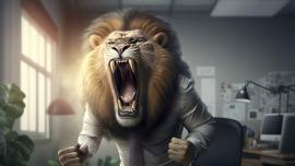 Ein Geschäftsmann, dessen Kopf ein brüllender Löwe ist, steht in Kämpferpose am Schreibtisch.