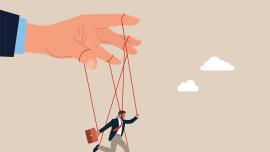 Illustration: Eine Hand schwebt über einem Mann mit Anzug und Aktentasche, dessen Arme und Beine wie bei einer Marionette mit der Hand darüber verbunden sind