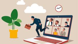 Illustration: Ein Laptop mit Zoom-Kacheln, ein Mensch läuft aus seiner Kachel aus dem Laptop raus in Richtung einer Pflanze
