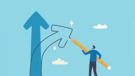 Illustration: Ein Mann im Anzug malt an einen großen blauen Pfeil einen abzweigenden schwarz umrandeten Pfeil.