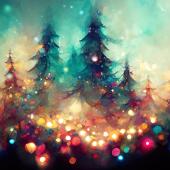 Magischer Weihnachtswald mit bunten Lichtern.