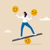 Grafik, auf der eine Frau auf einem Brett balanciert, das auf einem neutral guckenden runden Emoticon abgelegt ist. In ihren Händen balanciert sie ein Emoticon mit hochgezogenen und eines mit heruntergezogenen Mundwinkeln. Die Hand mit dem lächelnden Emoticon ist dabei höher als die andere.