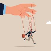 Illustration: Eine Hand schwebt über einem Mann mit Anzug und Aktentasche, dessen Arme und Beine wie bei einer Marionette mit der Hand darüber verbunden sind