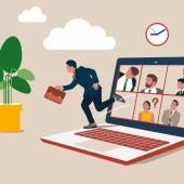 Illustration: Ein Laptop mit Zoom-Kacheln, ein Mensch läuft aus seiner Kachel aus dem Laptop raus in Richtung einer Pflanze