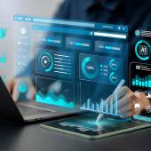 Eine Person sitzt am Laptop, es sind Statistiken und AI-Symbole über ihren Händen eingeblendet.