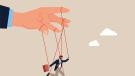 Illustration: Eine Hand schwebt über einem Mann mit Anzug und Aktentasche, dessen Arme und Beine wie bei einer Marionette mit der Hand darüber verbunden sind