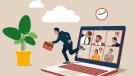 Illustration: Ein Laptop mit Zoom-Kacheln, ein Mensch läuft aus seiner Kachel aus dem Laptop raus in Richtung einer Pflanze