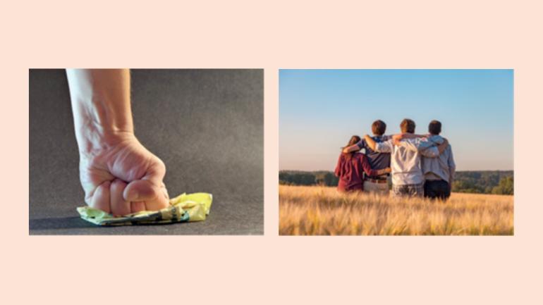 Links eine Faust, die einen Geldschein zerquetscht. Rechts drei Personen, die einander die Arme auf die Schultern legen.