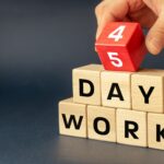 Aufeinandergetürmte Holzklötze, auf denen 4- bzw. 5-Tage-Woche steht