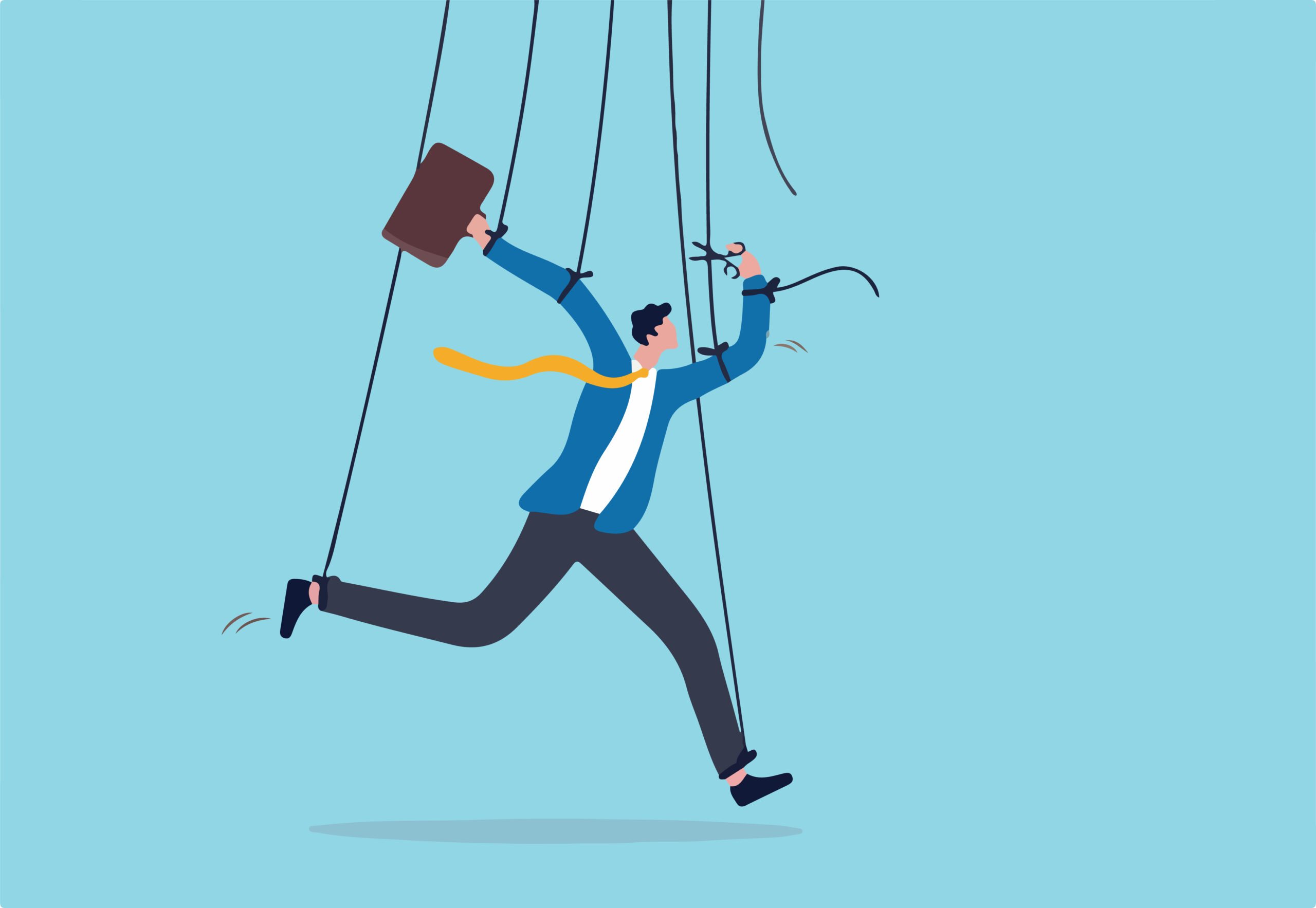 Illustration eines Manns im Anzug, an dessen Körper viele Marionettenfäden sind, eine schneidet er durch.