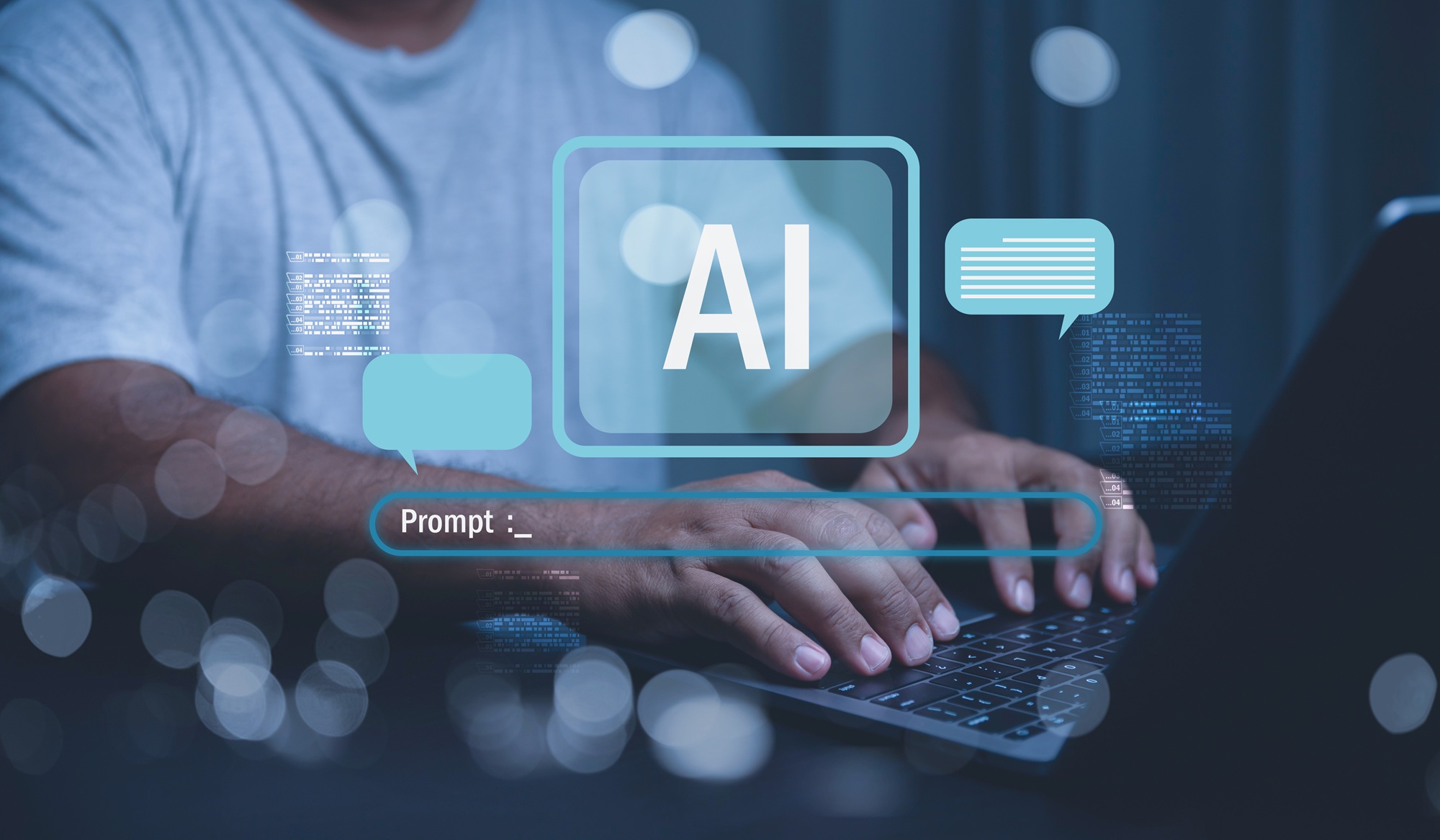 Man sieht die Hände einer Person auf einer Tastatur, in der Mitte stehen "AI" und "Prompt: ____"